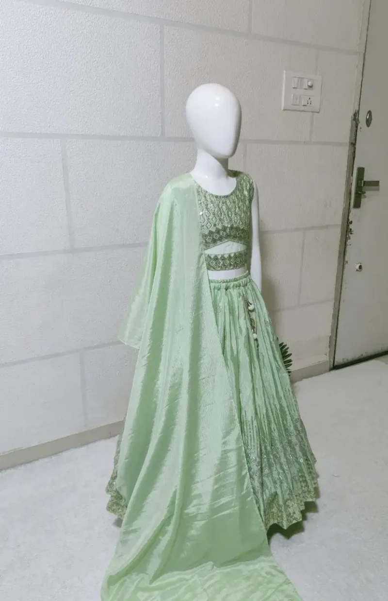 Sequins Embroidered Chinon Silk Stitched Wedding Lehenga For Kids