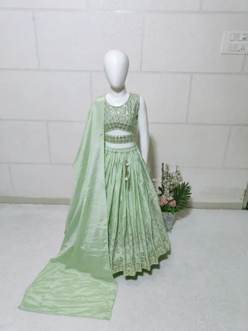 Sequins Embroidered Chinon Silk Stitched Wedding Lehenga For Kids