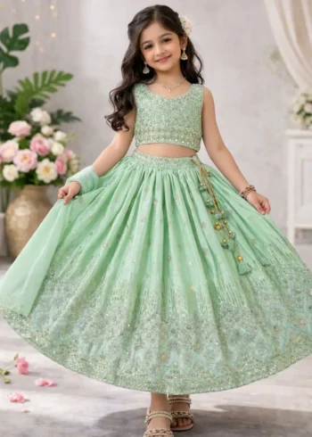 Sequins Embroidered Chinon Silk Stitched Wedding Lehenga For Kids