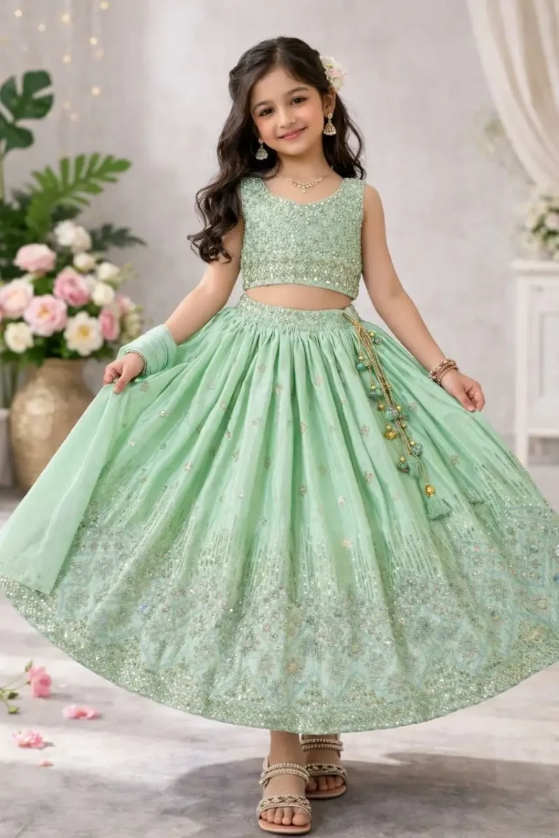 Sequins Embroidered Chinon Silk Stitched Wedding Lehenga For Kids