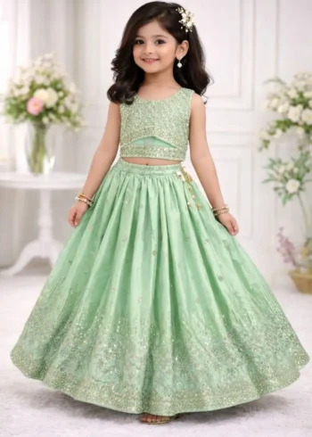 Sequins Embroidered Chinon Silk Stitched Wedding Lehenga For Kids