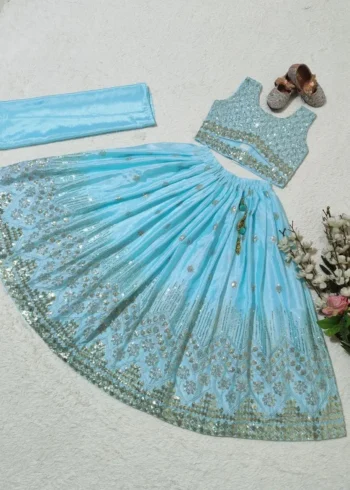 Sequins Embroidered Chinon Silk Stitched Wedding Lehenga For Kids