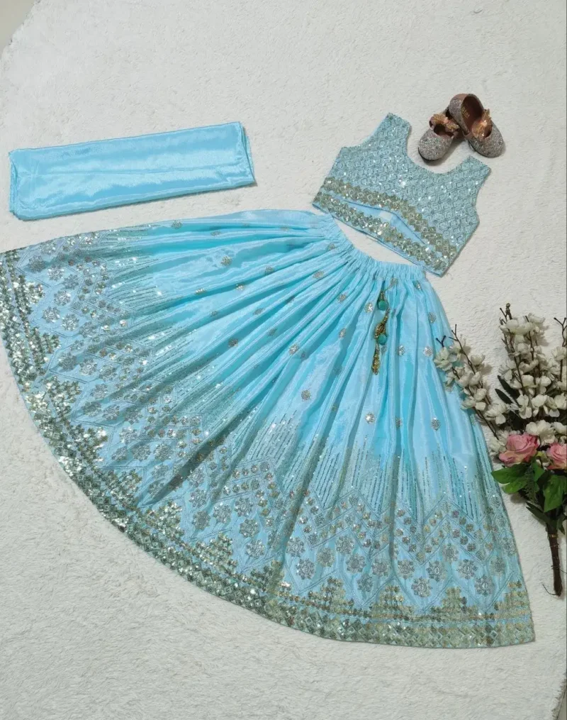 Sequins Embroidered Chinon Silk Stitched Wedding Lehenga For Kids