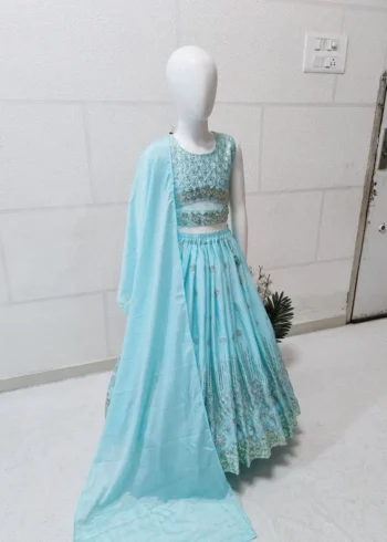 Sequins Embroidered Chinon Silk Stitched Wedding Lehenga For Kids