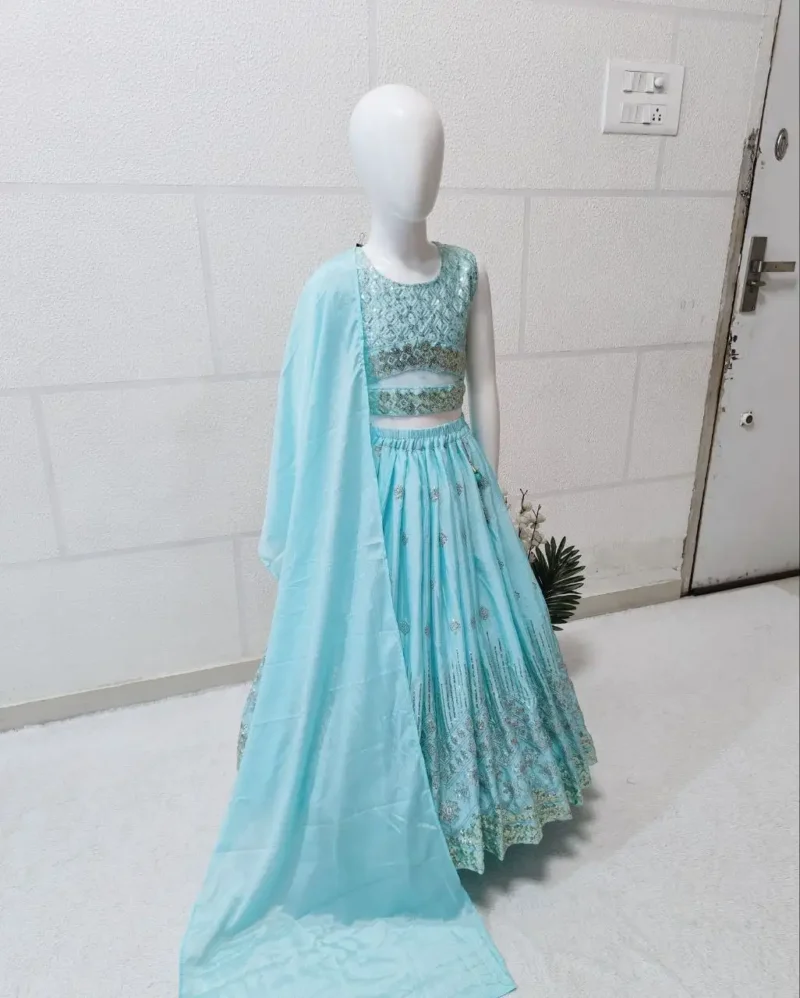 Sequins Embroidered Chinon Silk Stitched Wedding Lehenga For Kids