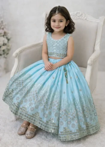 Sequins Embroidered Chinon Silk Stitched Wedding Lehenga For Kids