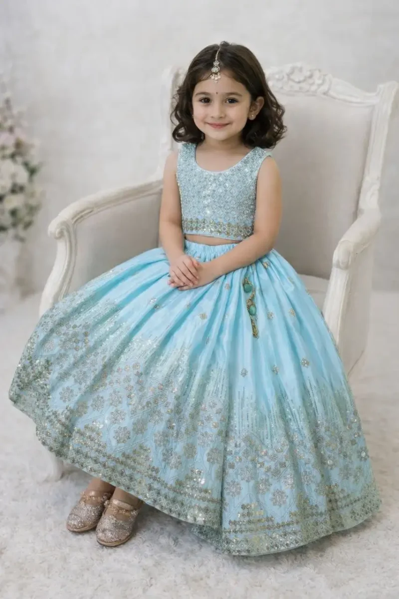 Sequins Embroidered Chinon Silk Stitched Wedding Lehenga For Kids