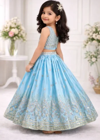 Sequins Embroidered Chinon Silk Stitched Wedding Lehenga For Kids