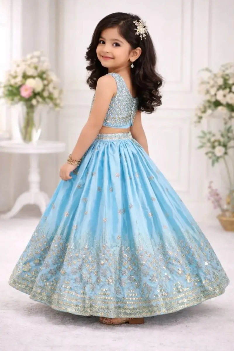 Sequins Embroidered Chinon Silk Stitched Wedding Lehenga For Kids
