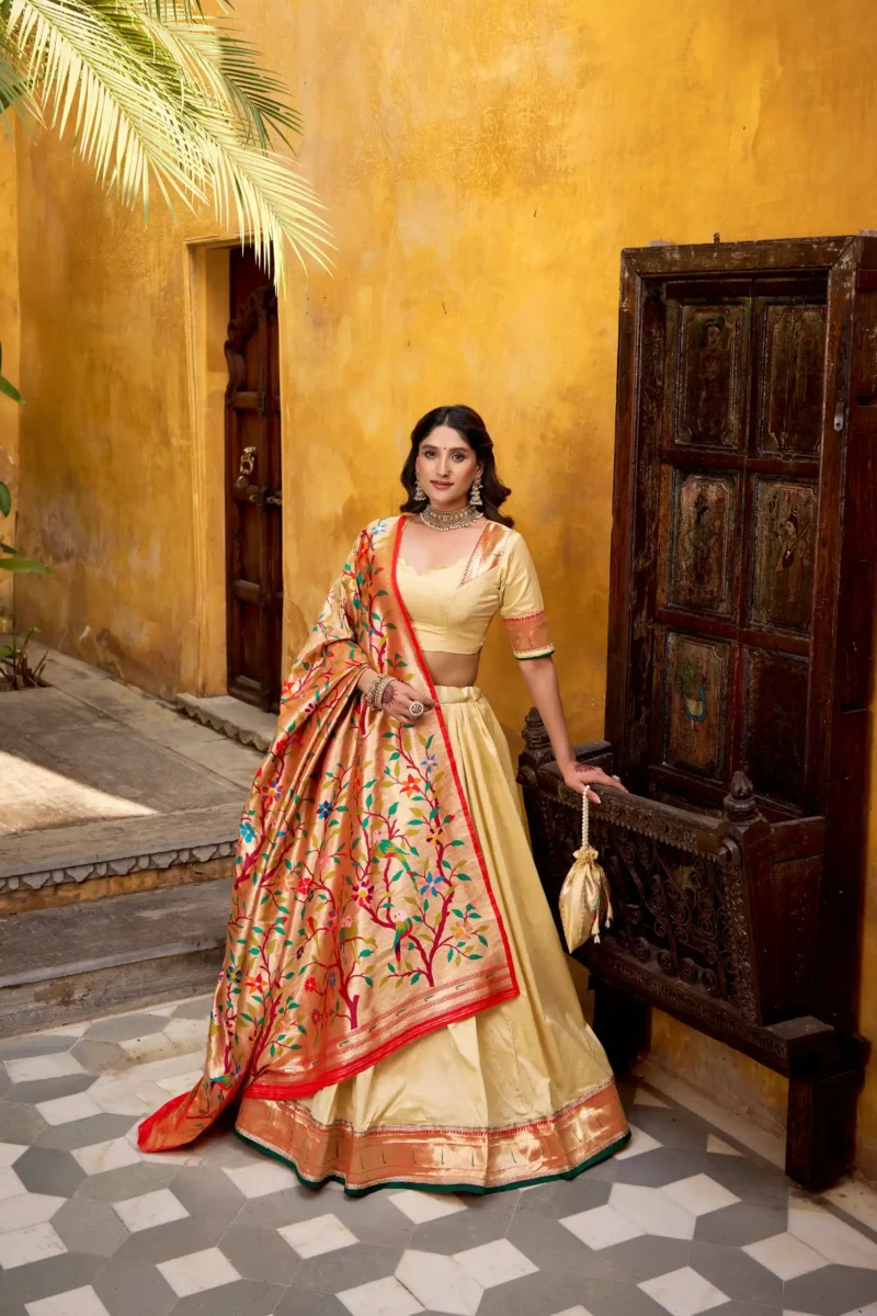 Silk Paithani Zari Weaving Womens Wedding Designer Lehenga With Purse