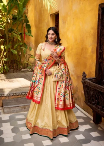 Silk Paithani Zari Weaving Womens Wedding Designer Lehenga With Purse
