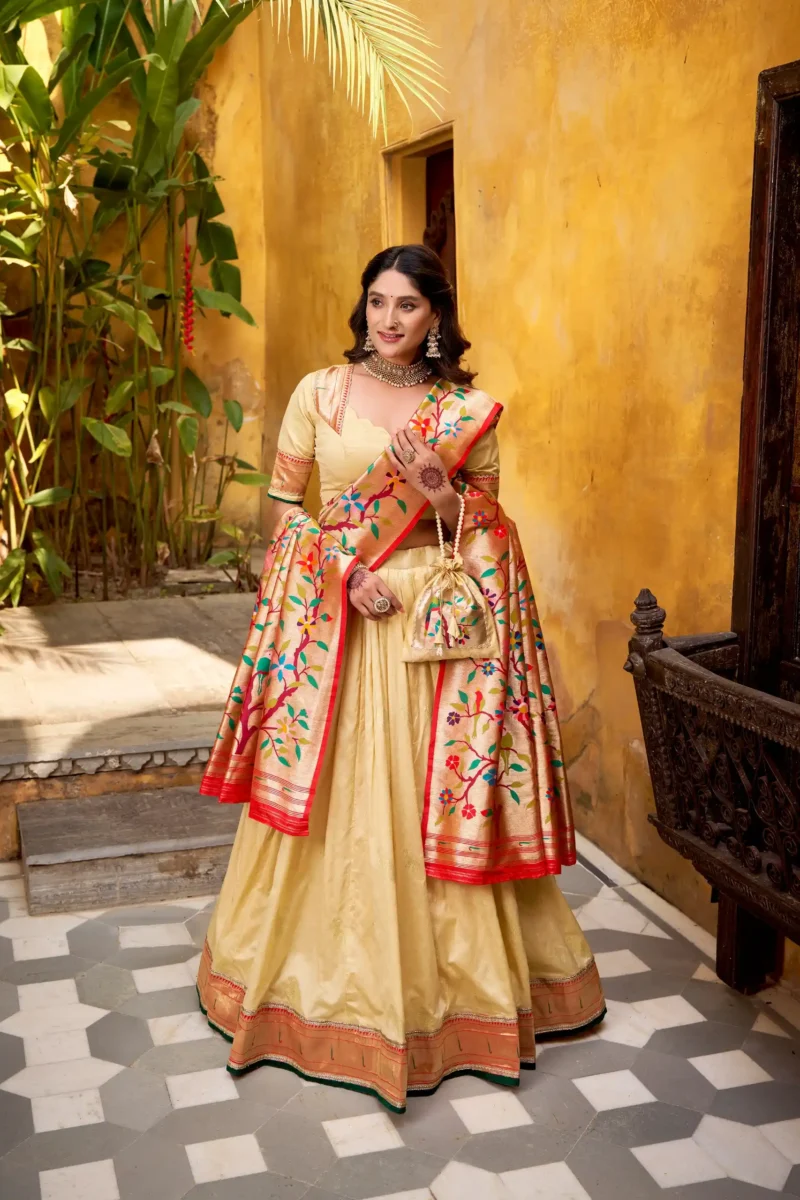 Silk Paithani Zari Weaving Womens Wedding Designer Lehenga With Purse