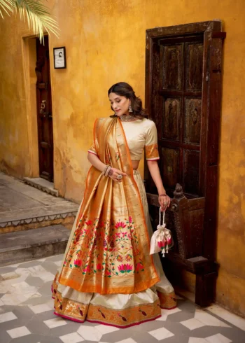 Silk Paithani Zari Weaving Womens Wedding Designer Lehenga With Purse