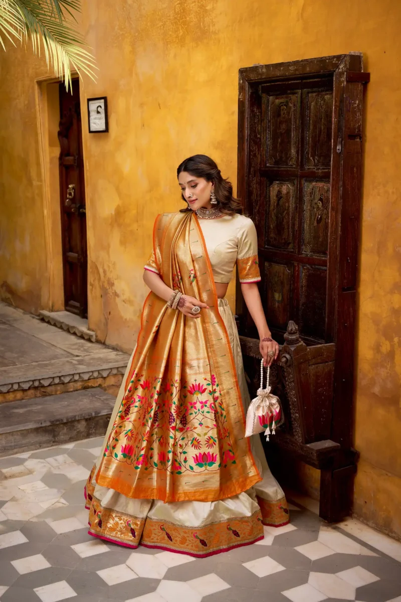 Silk Paithani Zari Weaving Womens Wedding Designer Lehenga With Purse