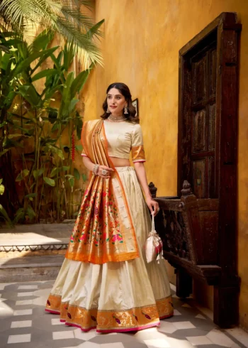 Silk Paithani Zari Weaving Womens Wedding Designer Lehenga With Purse