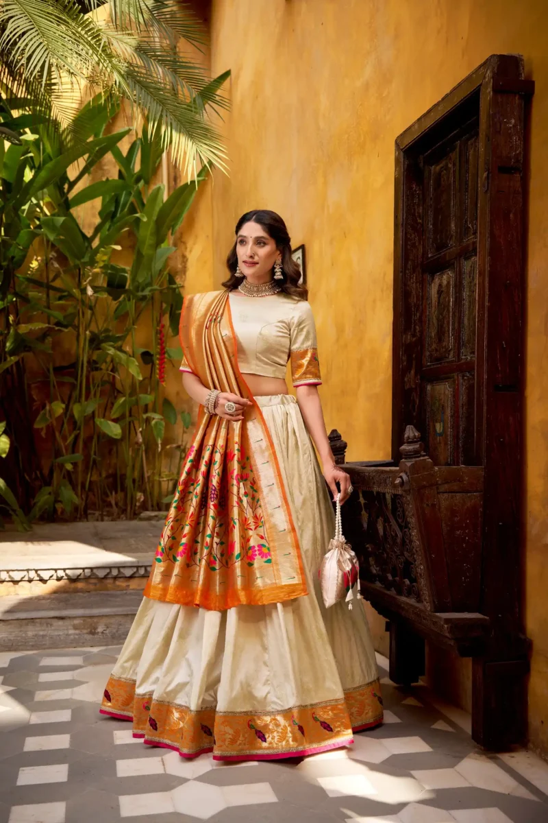Silk Paithani Zari Weaving Womens Wedding Designer Lehenga With Purse