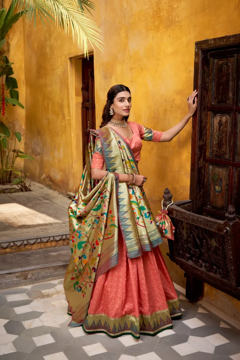 Silk Paithani Zari Weaving Womens Wedding Designer Lehenga With Purse