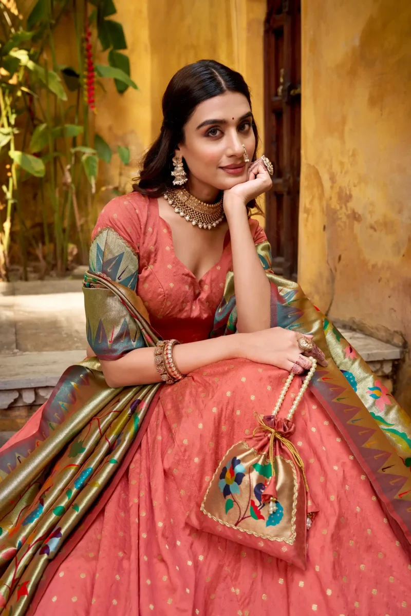 Silk Paithani Zari Weaving Womens Wedding Designer Lehenga With Purse