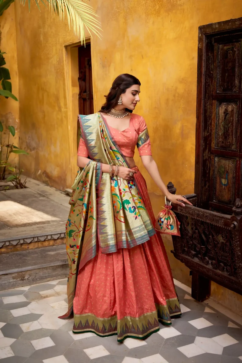 Silk Paithani Zari Weaving Womens Wedding Designer Lehenga With Purse