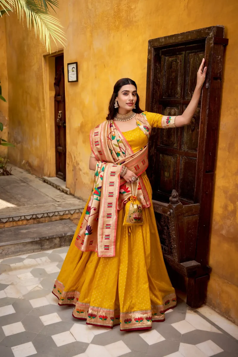 Silk Paithani Zari Weaving Womens Wedding Designer Lehenga With Purse
