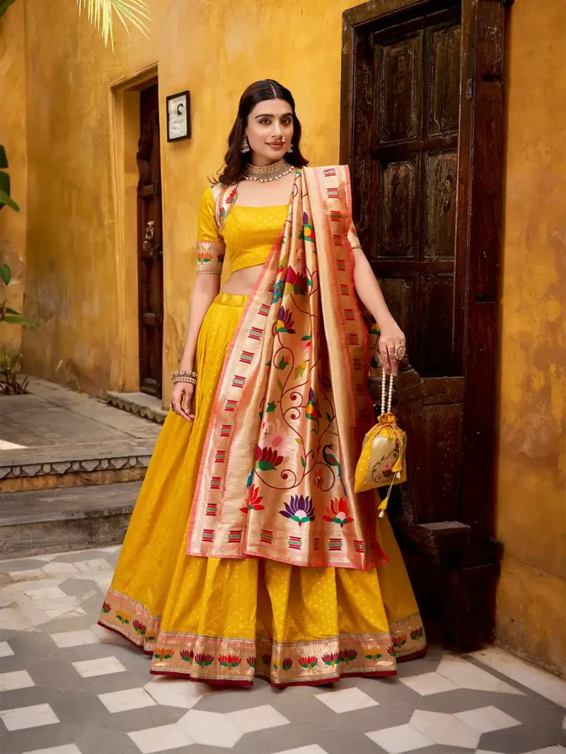 Silk Paithani Zari Weaving Womens Wedding Designer Lehenga With Purse