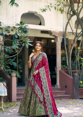 Tasar Silk Glided Motif Foid Printed Lehenga For Haldi
