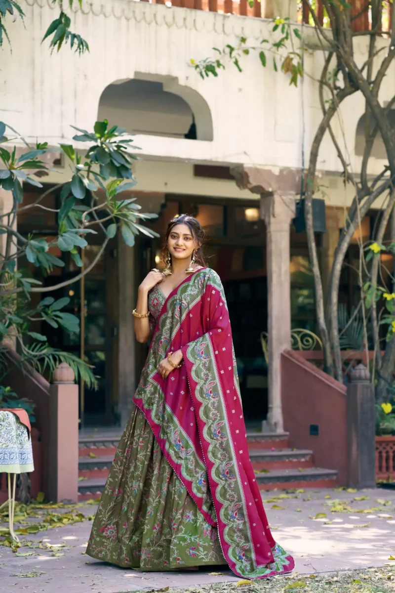Tasar Silk Glided Motif Foid Printed Lehenga For Haldi