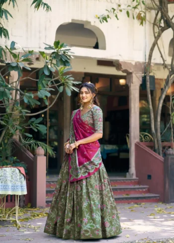Tasar Silk Glided Motif Foid Printed Lehenga For Haldi