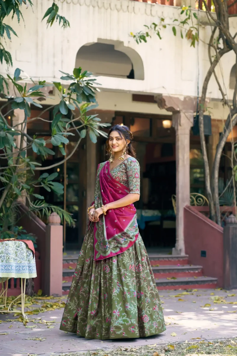 Tasar Silk Glided Motif Foid Printed Lehenga For Haldi