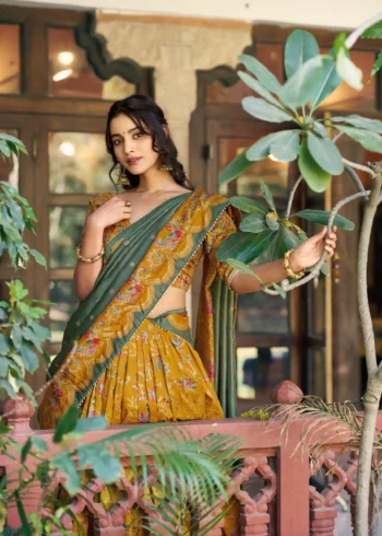 Tasar Silk Glided Motif Foid Printed Lehenga For Haldi