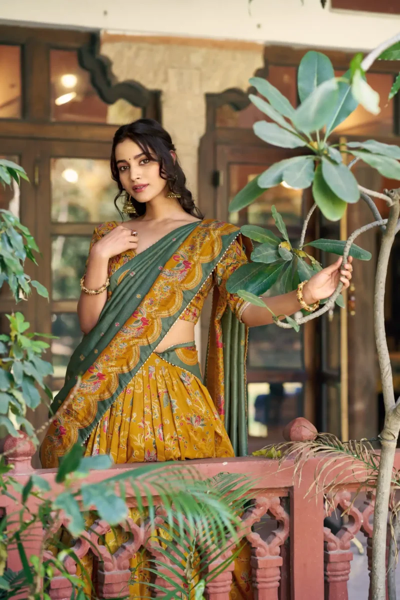Tasar Silk Glided Motif Foid Printed Lehenga For Haldi