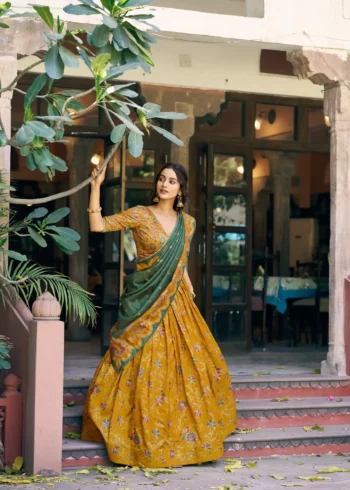 Tasar Silk Glided Motif Foid Printed Lehenga For Haldi