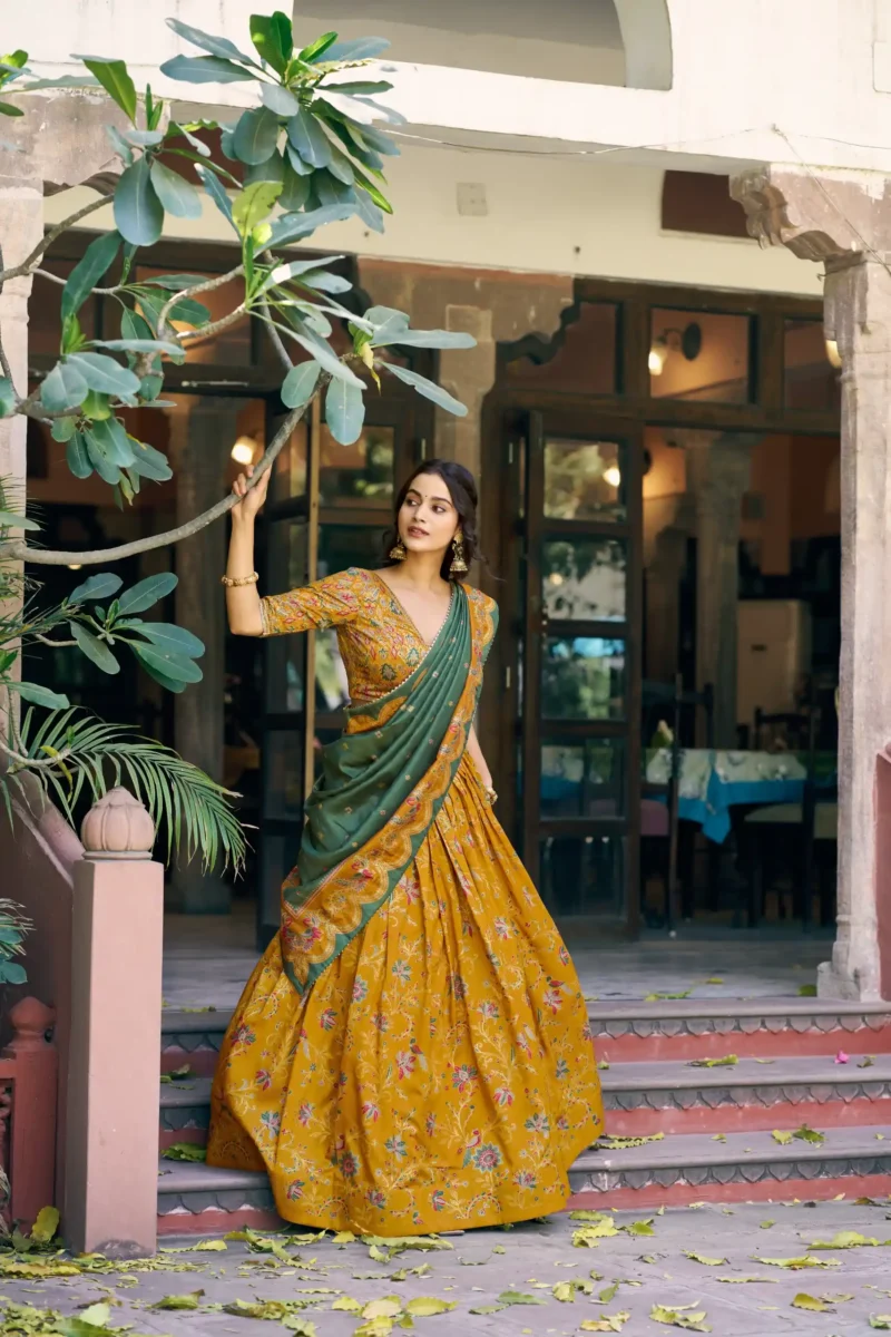 Tasar Silk Glided Motif Foid Printed Lehenga For Haldi