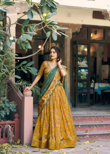 Tasar Silk Glided Motif Foid Printed Lehenga For Haldi