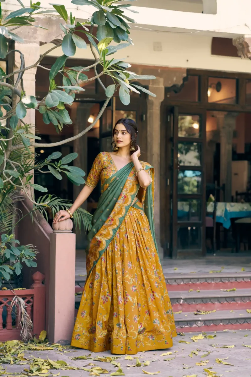 Tasar Silk Glided Motif Foid Printed Lehenga For Haldi