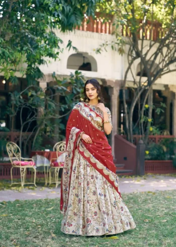 Tasar Silk Glided Motif Foid Printed Lehenga For Haldi