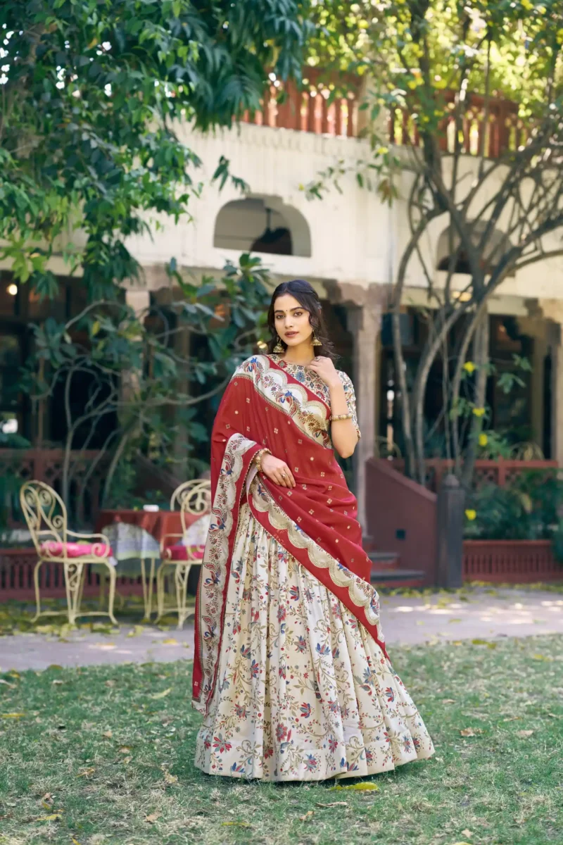Tasar Silk Glided Motif Foid Printed Lehenga For Haldi