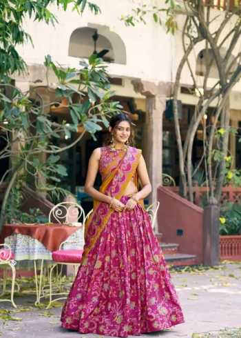 Tasar Silk Glided Motif Foid Printed Lehenga For Haldi