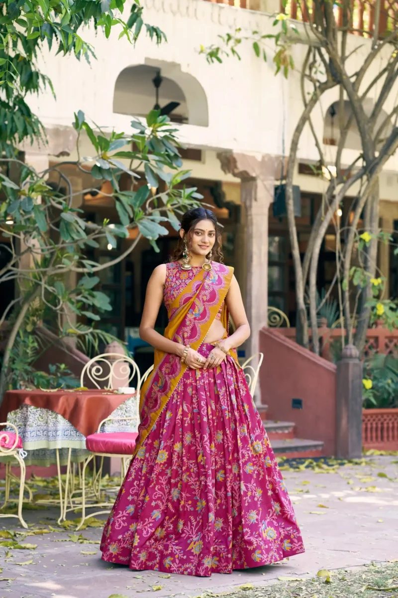 Tasar Silk Glided Motif Foid Printed Lehenga For Haldi
