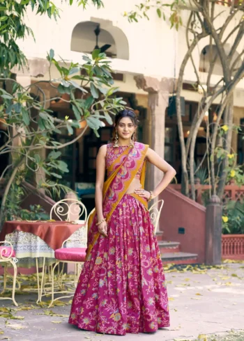 Tasar Silk Glided Motif Foid Printed Lehenga For Haldi