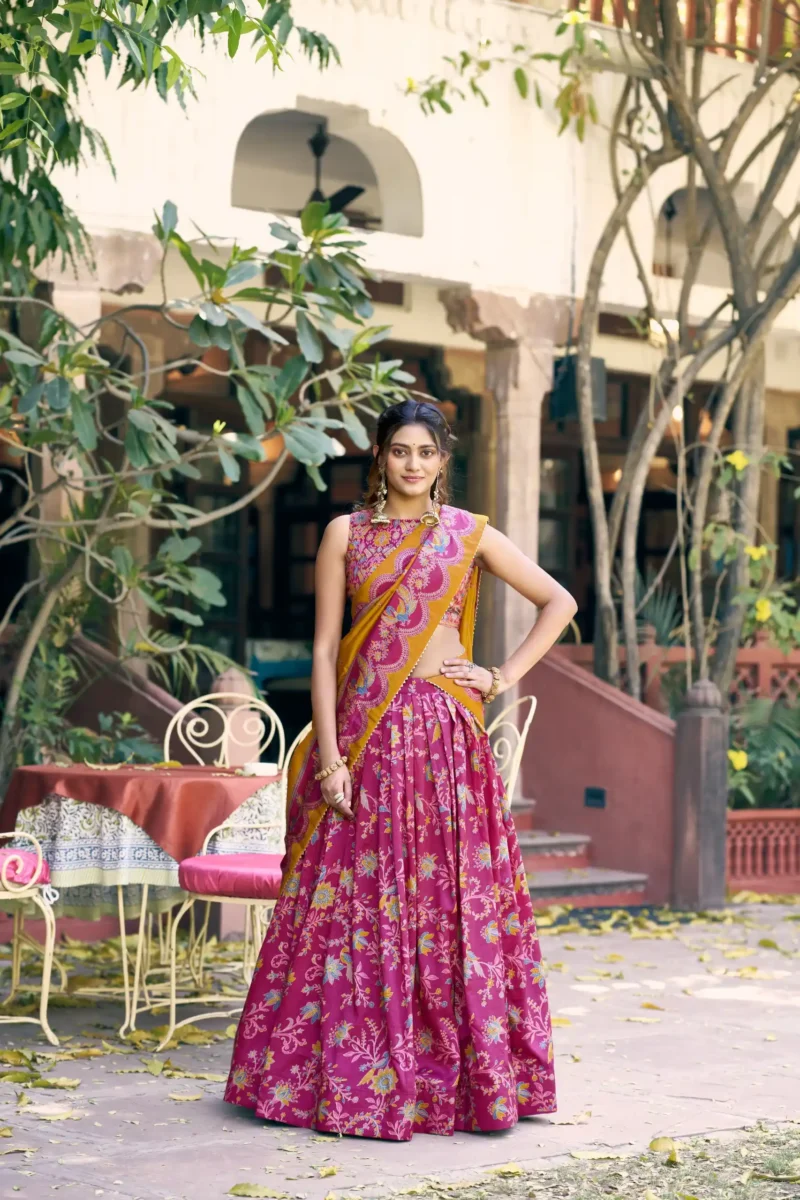 Tasar Silk Glided Motif Foid Printed Lehenga For Haldi