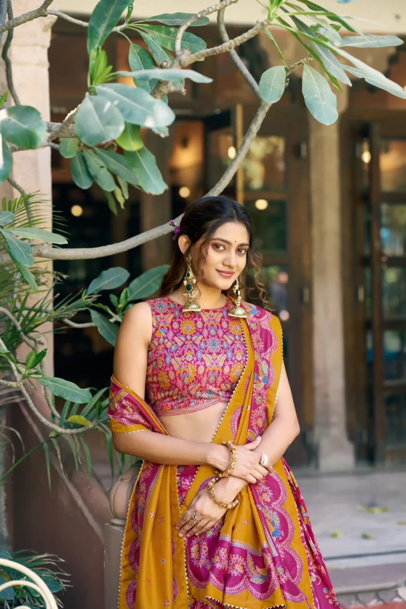 Tasar Silk Glided Motif Foid Printed Lehenga For Haldi