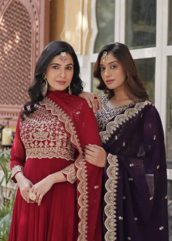 Wine Maroon Colour Sequins Embroidered Womens Wedding Designer Gown With Dupatta
