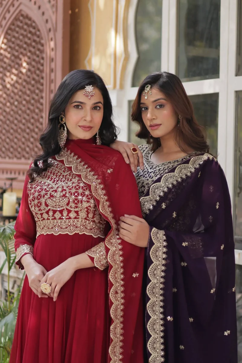 Wine Maroon Colour Sequins Embroidered Womens Wedding Designer Gown With Dupatta
