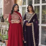 Wine Maroon Colour Sequins Embroidered Womens Wedding Designer Gown With Dupatta