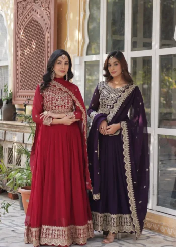 Wine Maroon Colour Sequins Embroidered Womens Wedding Designer Gown With Dupatta