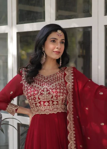 Wine Maroon Colour Sequins Embroidered Womens Wedding Designer Gown With Dupatta