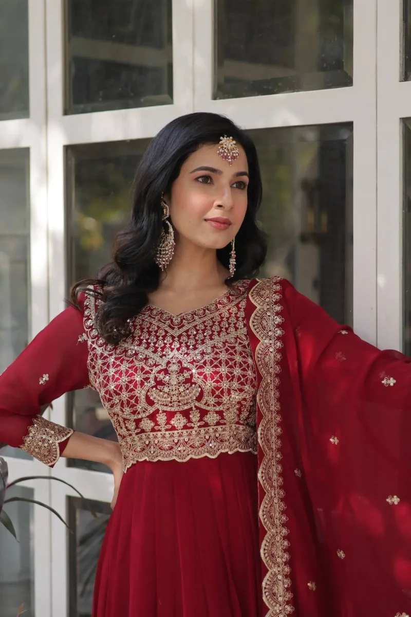 Wine Maroon Colour Sequins Embroidered Womens Wedding Designer Gown With Dupatta