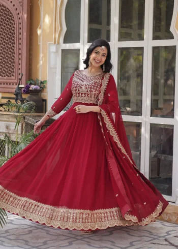 Wine Maroon Colour Sequins Embroidered Womens Wedding Designer Gown With Dupatta