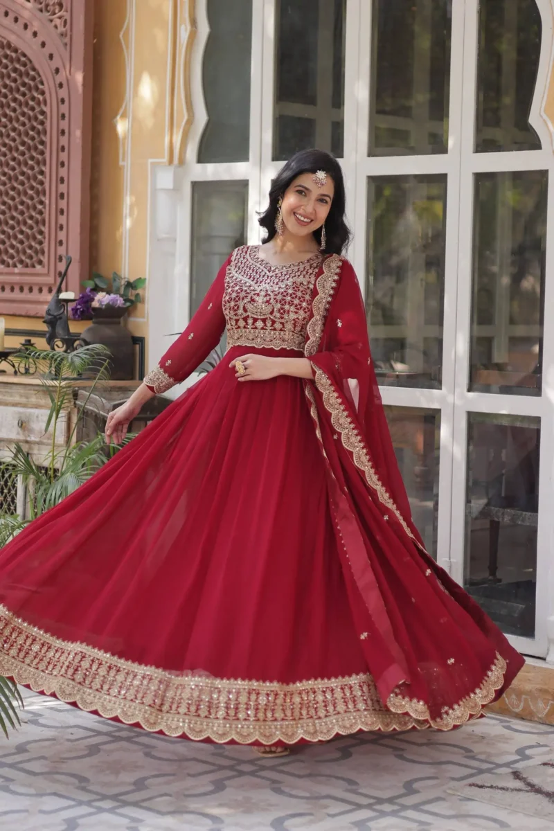 Wine Maroon Colour Sequins Embroidered Womens Wedding Designer Gown With Dupatta